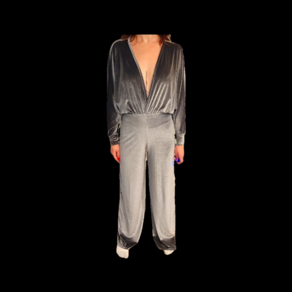 Silver Velvet Plunge Jumpsuit